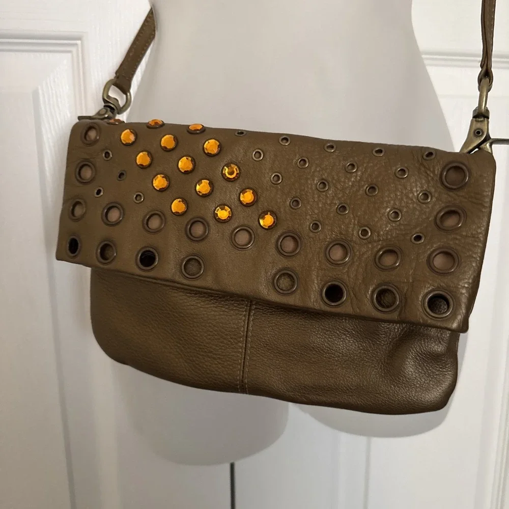 HOBO International Metallic Gold Womens Purse Crossbody Bling Leather Handbag
